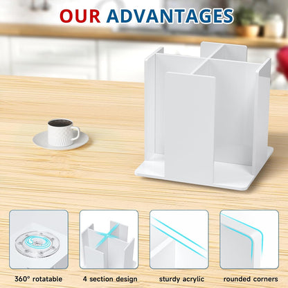 KOTEMON Cup and Lid Holder, 4 Compartment, Square | Rotating Coffee Cup Dispenser Lid Carousel for Restaurant, Buffet, Coffee Station, Bar, Countertop, Clear Acrylic