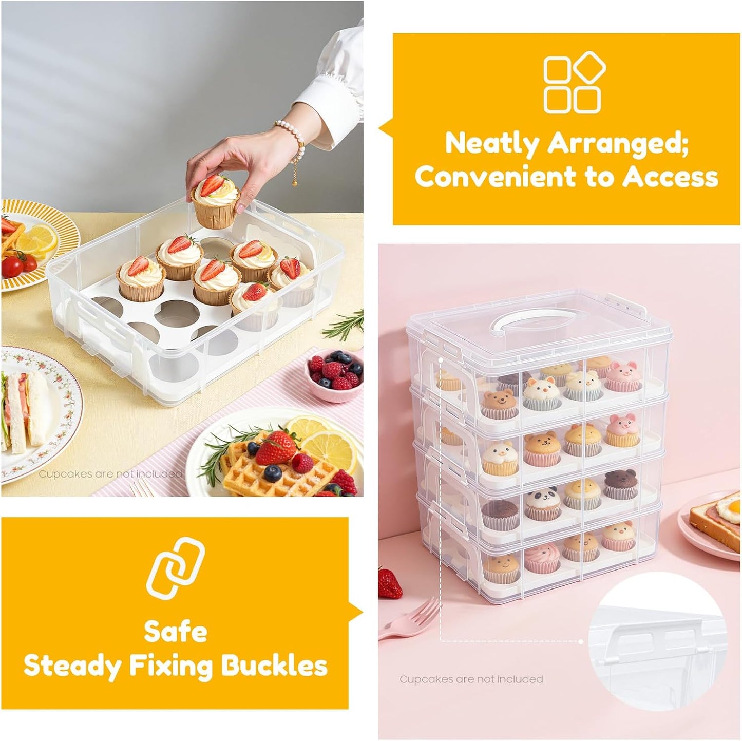 PERFERATE 4 Tiers Cupcakes Carrier - Plastic Detachable Cupcake Containers for 48 Cupcakes, Clear Cupcake Holder with Lid & Handle Reusable Cup Cake Box for Dessert Storage