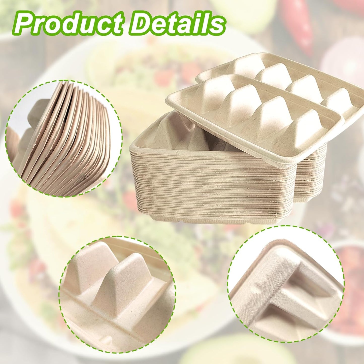 50PCS Disposable Taco Holder for Party，Disposable Taco Plates with 3 Dividers Disposable Taco Holders for Taco Tray Holder, Pulp Fiber Plates Disposable for Taco Tuesday Lazy Susan Taco Bar