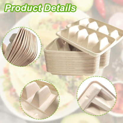 50PCS Disposable Taco Holder for Party，Disposable Taco Plates with 3 Dividers Disposable Taco Holders for Taco Tray Holder, Pulp Fiber Plates Disposable for Taco Tuesday Lazy Susan Taco Bar
