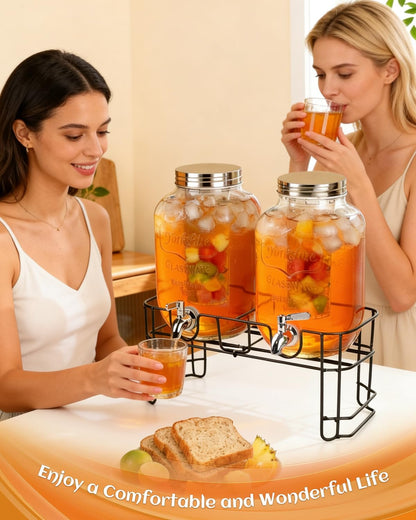 Glass Drink Dispenser 2 Pack with Stand - 1 Gallon Glass Beverage Dispenser for Parties, Juice, Water - Includes Spigot and Filter Separation and Chalkboard Labels