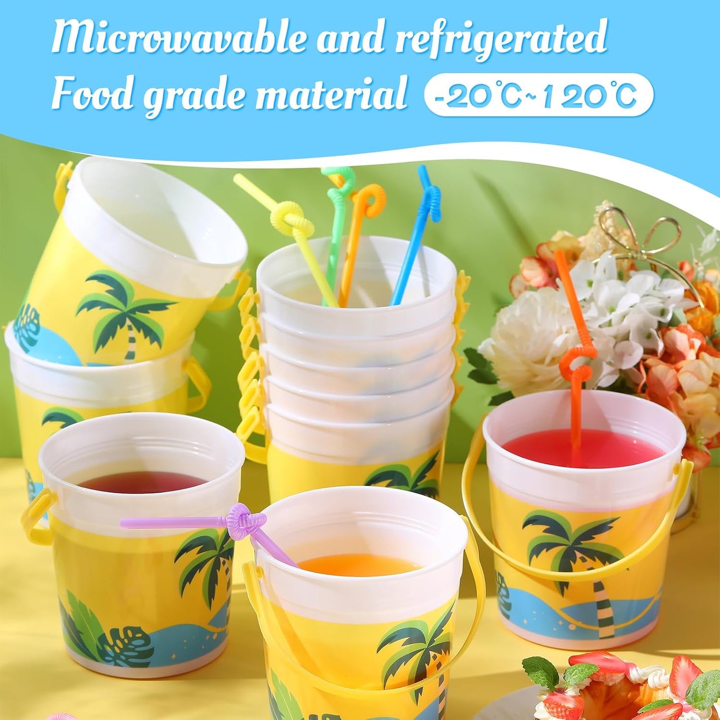 20 Pcs 32 oz Plastic Cocktail Rum Buckets with Handles for Drinks with 100 Colorful Straws Reusable Portable Drink Buckets for Beach Summer Bar Parties