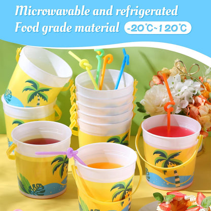 20 Pcs 32 oz Plastic Cocktail Rum Buckets with Handles for Drinks with 100 Colorful Straws Reusable Portable Drink Buckets for Beach Summer Bar Parties