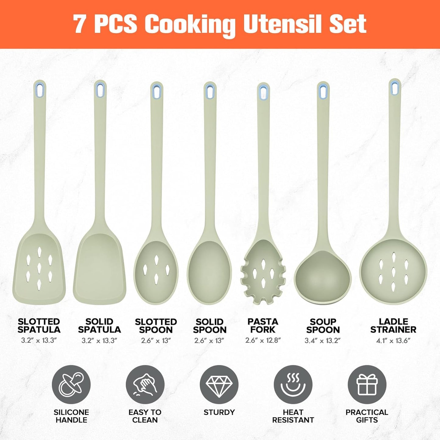 Large Silicone Utensils Set of 7 for Cooking,No Scratch for Nonstick Cookware,Pasta Server,Spaghetti Spoon,Slotted Spoon&Spatula,Solid Spoon&Spatula,Skimmer,Soup Ladle BPA Free Heat Resistant (Green)