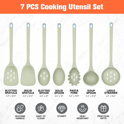 Large Silicone Utensils Set of 7 for Cooking,No Scratch for Nonstick Cookware,Pasta Server,Spaghetti Spoon,Slotted Spoon&Spatula,Solid Spoon&Spatula,Skimmer,Soup Ladle BPA Free Heat Resistant (Green)