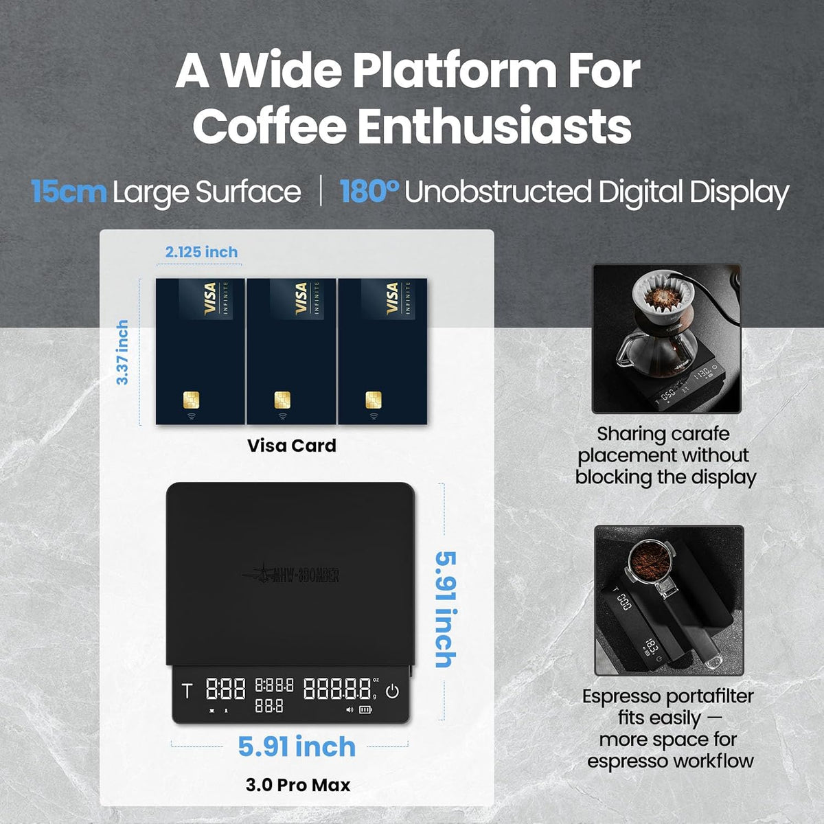 MHW-3BOMBER Extra-Large Coffee Scale with Timer, 5.9 * 5.9in, Digital Pour-Over Scale with Flow Rate, 2kg/0.1g Espresso Scale, 3-Brew Mode, Rechargeable Coffee Bean Weight Scale,Black,ES5663