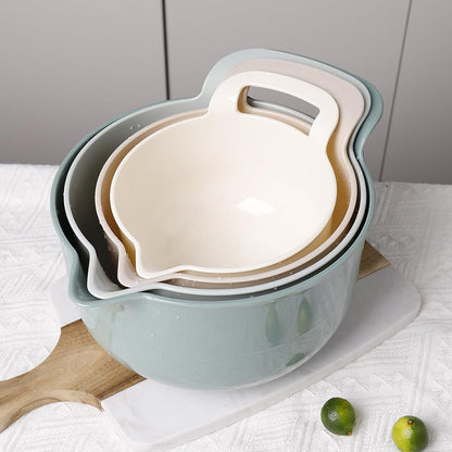 Mixing Bowls - 4 Piece Nesting Plastic Mixing Bowl Set with Pour Spouts and Handles - Non Slip Bottom and Measurement Markings (Light Gray)
