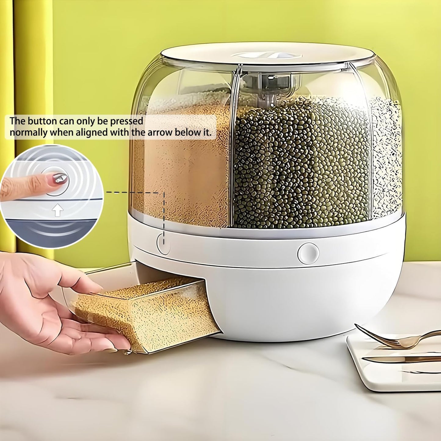 Rotating Grain Storage Bin 6 Grids Rice Container One-Click Output Large Capacity Food Dispenser For Rice Grains Sealed Moisture Proof Organizer (Grey) (Small)