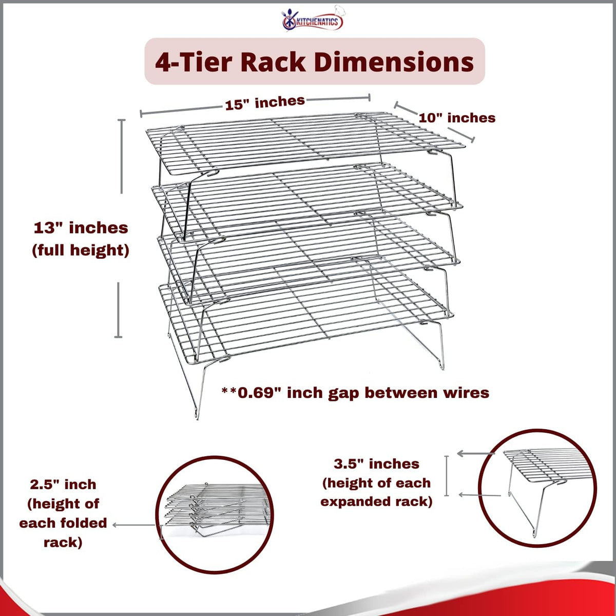 Kitchenatics 4-Tier Stackable Cooling Rack Space Saving Baking Set, 15x10"