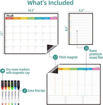 Magnetic Dry Erase List Board - 6.5"x8.5" Weekly, Daily, 2 List Boards for Fridge - 6 Extra Fine Point Markers Included - Shipped Flat