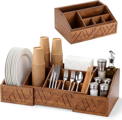 Paper Plate Dispenser Extendable, Paper Plate Holder for Kitchen Counter Wood Silverware Utensil Caddy Cutlery Flatware Organizer Box for Cups Spoons Forks Kitchen Accessories(Black)