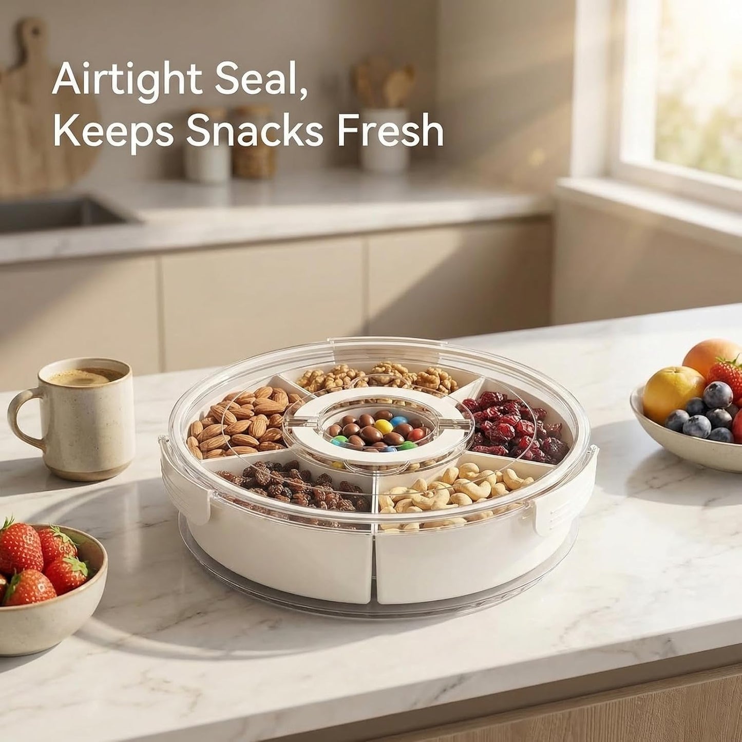 1-Pack Divided Serving Tray with Lid and Handle, 6-Compartment Snackle Box Container for Fruits Vegetables Snacks, Portable Spinning Round Veggie Tray for Kitchen Party Travel Picnic