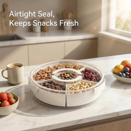 1-Pack Divided Serving Tray with Lid and Handle, 6-Compartment Snackle Box Container for Fruits Vegetables Snacks, Portable Spinning Round Veggie Tray for Kitchen Party Travel Picnic