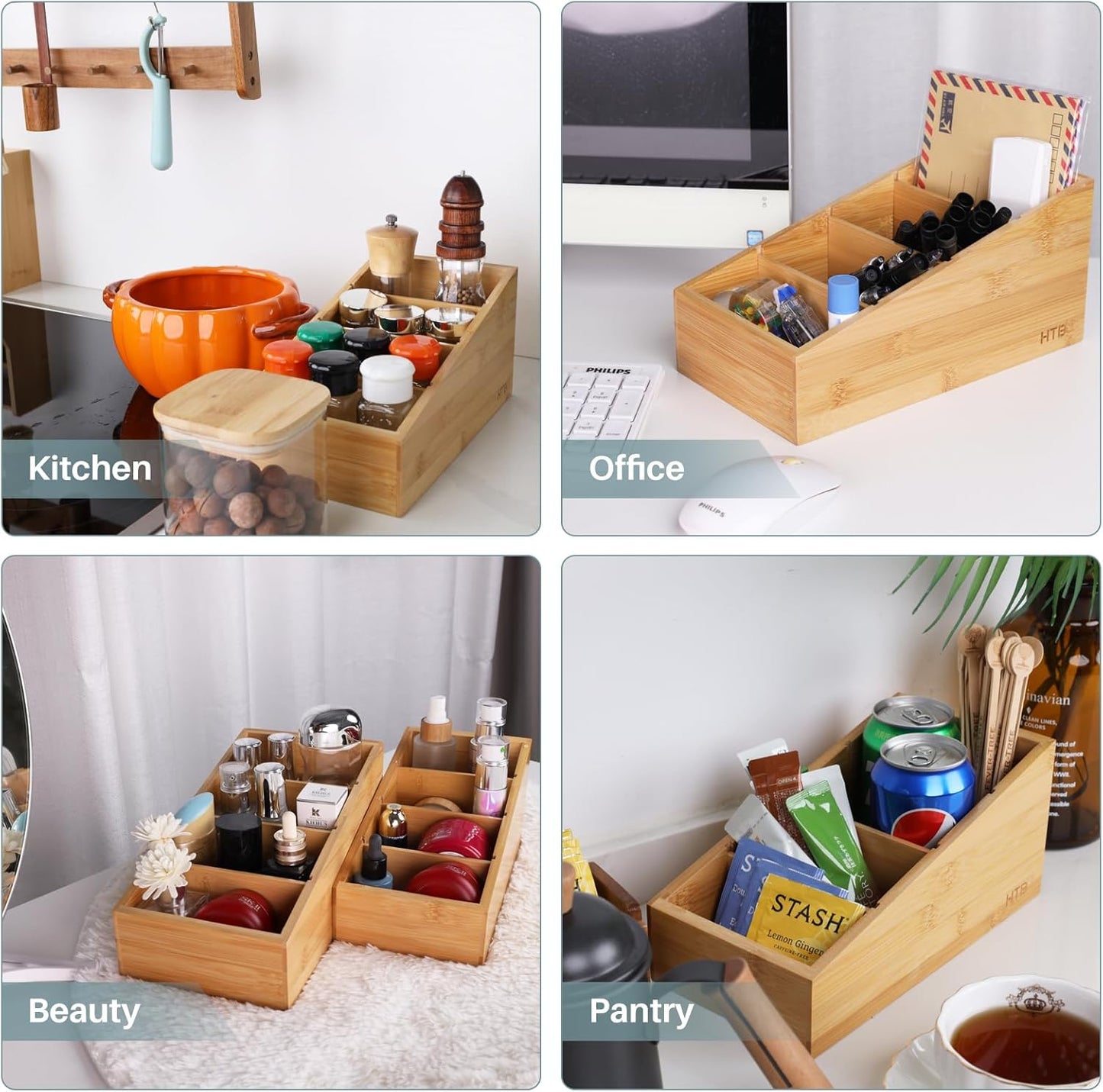 HTB 4-Section Snack Organizer with Removable Dividers for Kitchen, Cabinet, Office, Countertop, 2 Pack Bamboo Pantry Storage Organization for Spice Packets, Seasoning Pouches, Coffee Pods