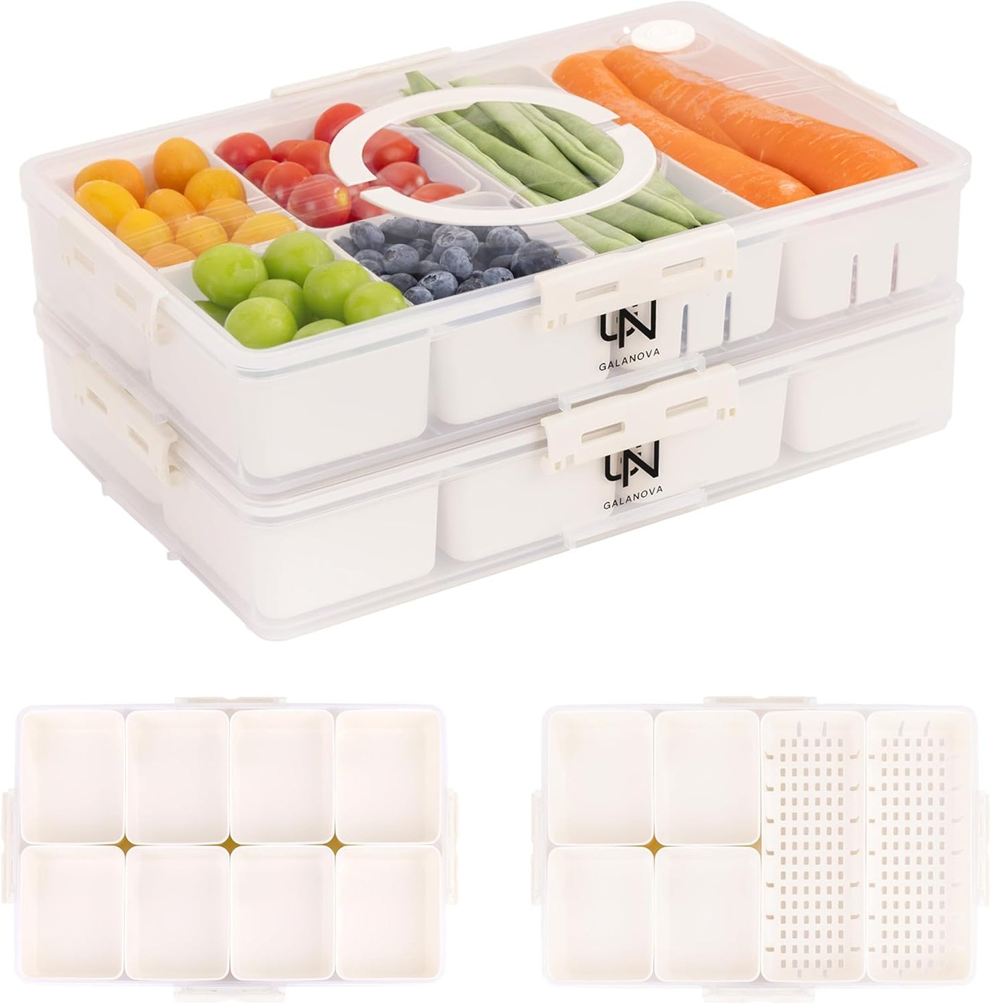 Snackle Box Container - 10 Compartments Including 2 XL, Dishwasher & Microwave Safe, Divided Serving Tray with Lid and Handle, BPA-Free, snack box (1 PCS, White, 1 Box with 2 XL Compartments)