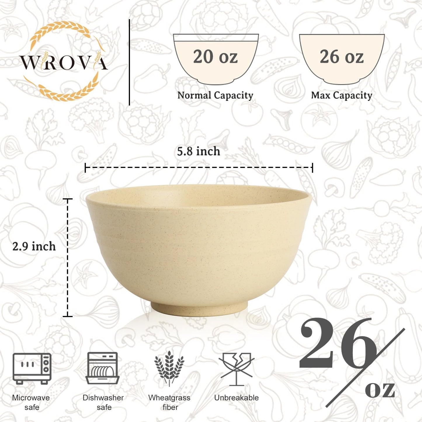 Wrova Wheat Straw Bowls for Kitchen set of 6,Anti-Scald Thick Soup Bowls 40oz,Microwave and Dishwasher Safe Bowl Sets, Unbreakable Cereal Bowl Sets. Vibrant Series