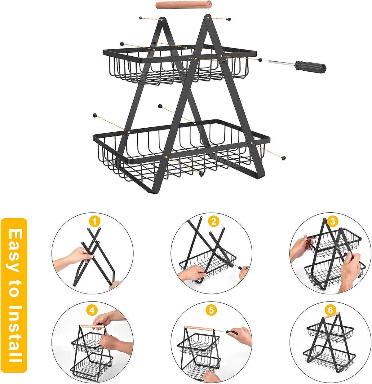 mahueeol 2-Tier Metal Fruit Basket for Kitchen Counter with Wooden Handle | Detachable rectangular baskets hold fruits, vegetables, bread and snacks; use stacked or separately in kitchens and pantries