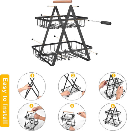 mahueeol 2-Tier Metal Fruit Basket for Kitchen Counter with Wooden Handle | Detachable rectangular baskets hold fruits, vegetables, bread and snacks; use stacked or separately in kitchens and pantries
