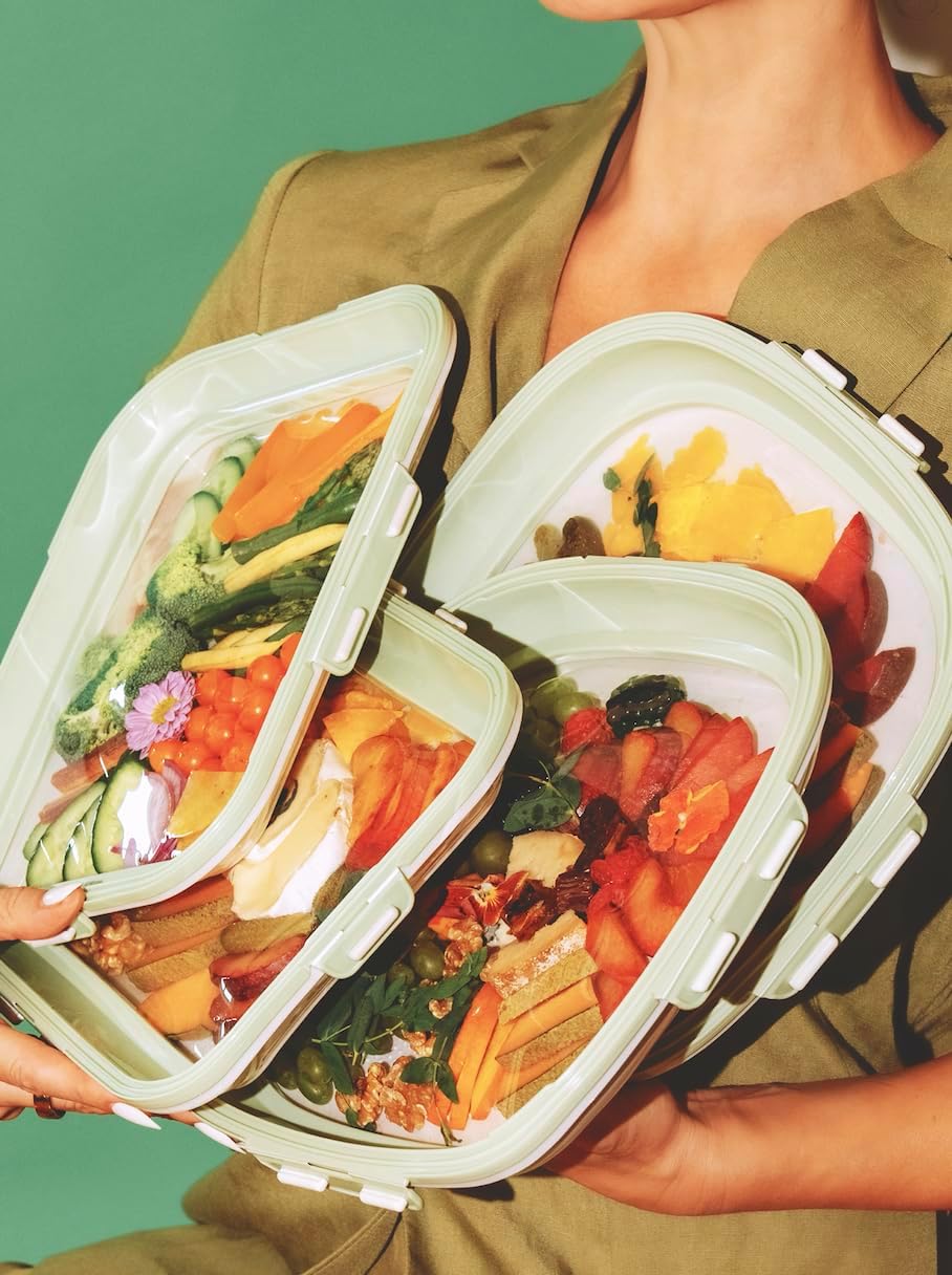 Crudités | Portable Snack Tray | Rectangle 2-Pack | Cream White | Reversible Stretch Lid Food Containers | BPA-Free, Freezer & Dishwasher Safe | Meal-Prep, Charcuterie, Salads, Picnic, Travel