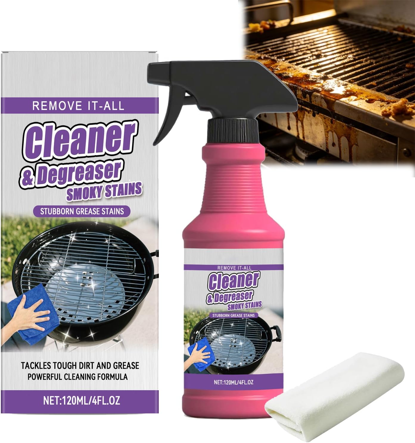 Fast-Acting Heavy-Duty Grill Degreaser Spray, BBQ Grill Cleaner Spray For Outdoor Grills, All Purpose Heavy Oil Cleaning Agent for Barbecue Grills, Smoky Stains, And Stubborn Grease (1pc)