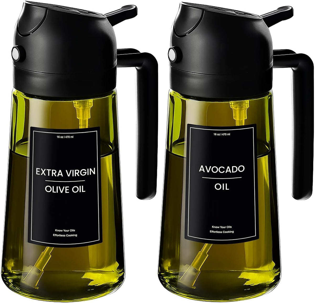 16oz/470ml Glass Olive Oil Sprayer for Cooking - 2 in 1 Olive Oil Dispenser for Kitchen Gadgets, Air Fryer, Salad, and BBQ (black)