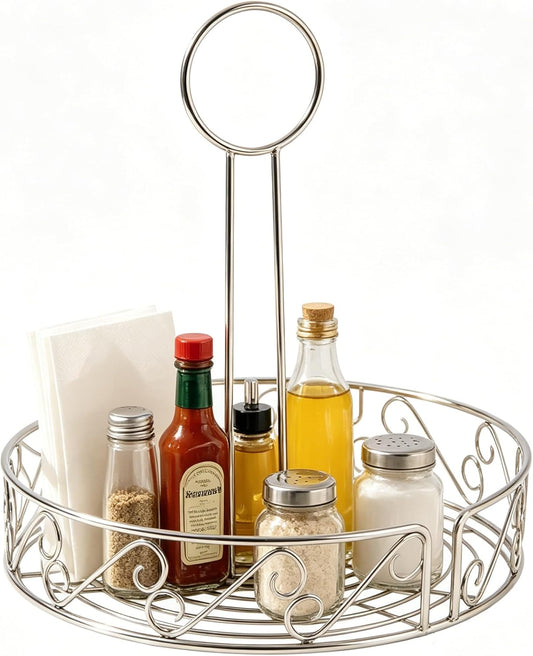 FixtureDisplays® Condiment Caddy Table Stove top Ketchup, Salt Peper Mustard Bottle Organizer, Scroll Design Chrome Finish 19690