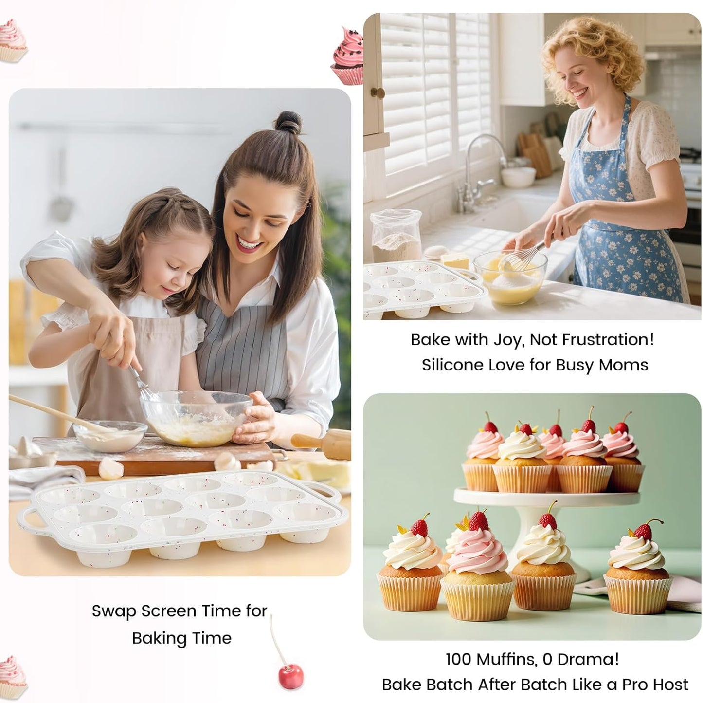 Silicone Muffin Pans With Metal Reinforced Frame - 24 Cups Durable Silicone Baking Pan for Muffins, Cupcakes, BPA Free and Dishwasher Safe - Beige with Rainbow Spots, Set of 2