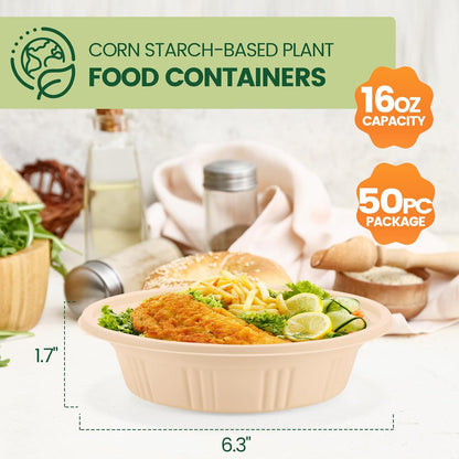 100 Piece (50 Pack) Meal Prep Containers Reusable - 2 Compartment 32 oz Cornstarch Snack Containers with Lids - Plastic Food Storage Salad Containers - To Go Lunch Box - Microwave & Freezer Safe