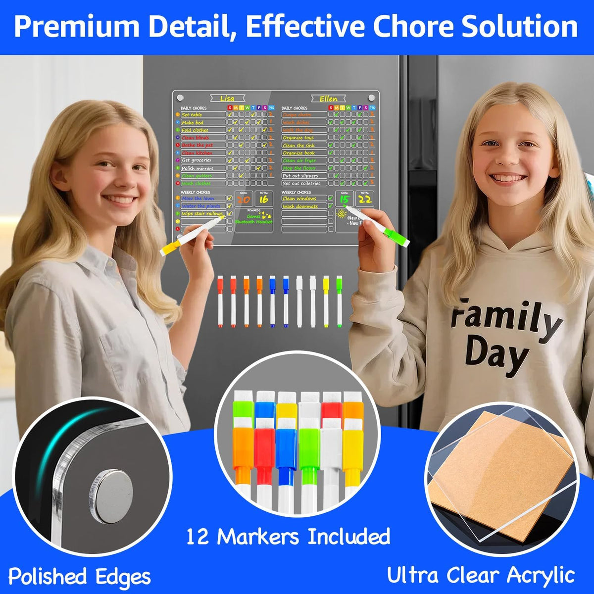 PigPotParty 2-in-1 Acrylic Magnetic Chore Chart for 2 Kids, Couples, Roommates, 15"x11" Large Dry Erase Chore Board for Fridge, Clear Weekly & Daily Reward Chart, Includes 12 Markers & Towel