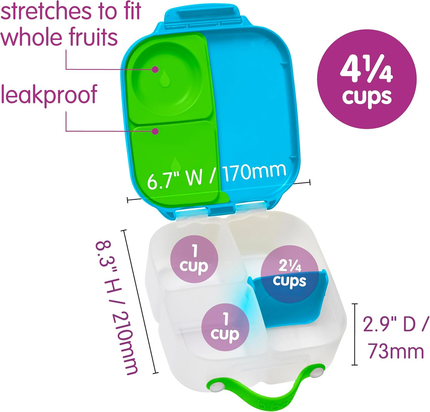 b.box Mini Lunch Box 2-Pack, Leak Proof Bento Box for Kids, 3 Compartment Snack Containers Ages 3+, Lunchbox for Daycare + School, Dishwasher Safe, BPA-Free, PFAS-Free, 4.25 Cup - Blue + Green