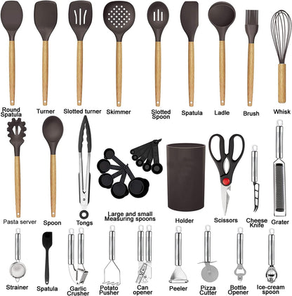 Kitchen Utensils Set- 35 PCs Cooking Utensils with Grater,Tongs, Spoon Spatula &Turner Made of Heat Resistant Food Grade Silicone and Wooden Handles Kitchen Gadgets Tools Set for Nonstick Cookware