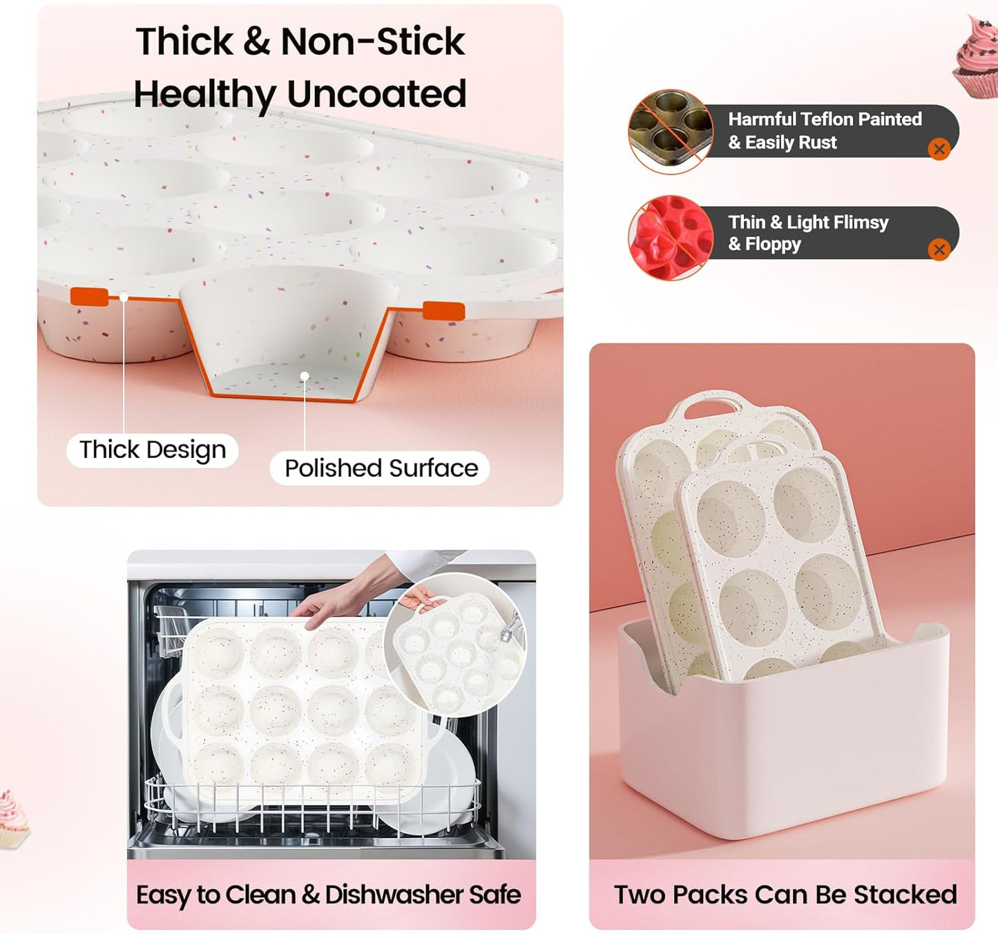 Silicone Muffin Pans With Metal Reinforced Frame - 24 Cups Durable Silicone Baking Pan for Muffins, Cupcakes, BPA Free and Dishwasher Safe - Beige with Rainbow Spots, Set of 2