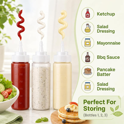 3PCS 12oz Squeeze Bottles for Sauces, Condiment Squeeze Bottles
