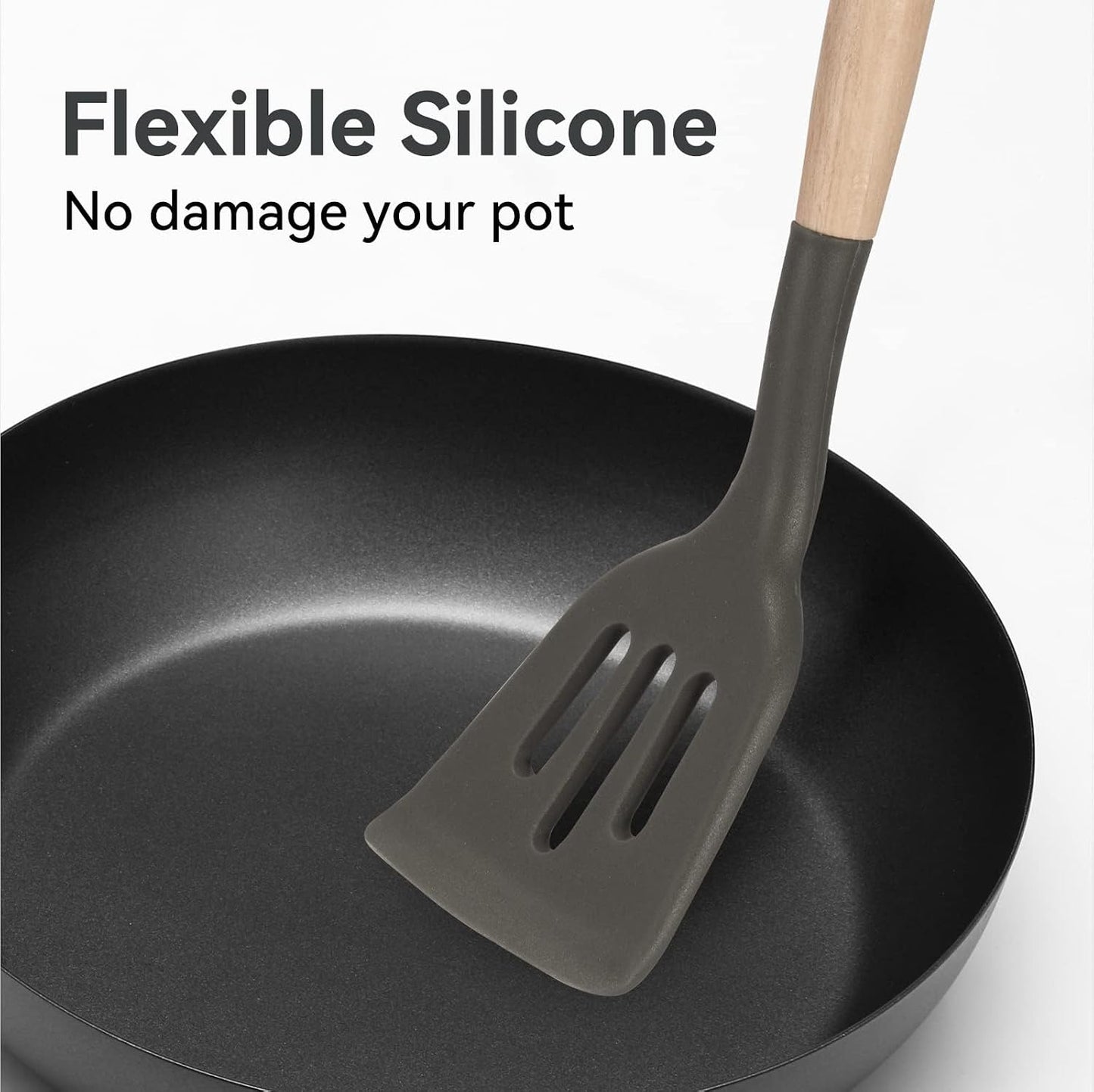 Non-Stick Silicone Cooking Utensils Set, 5 Pcs with Wooden Handle, Heat Resistant Silicone Kitchen Gadgets (Black)