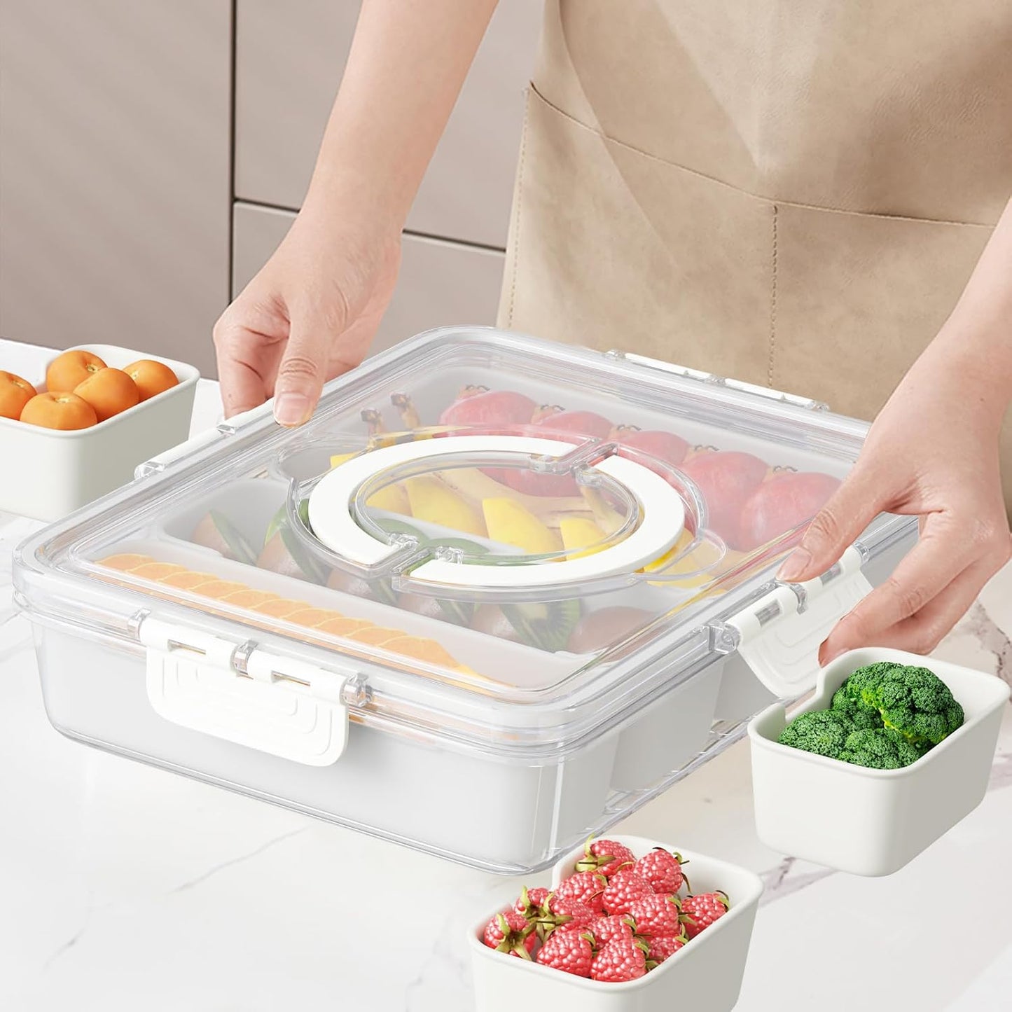 Snackle Box Container,Divided Serving Tray with Lid and Handle,7 Portable Compartment Travel Snack Box for Candy Fruits Nuts Veggie for Road Trip Party Picnic