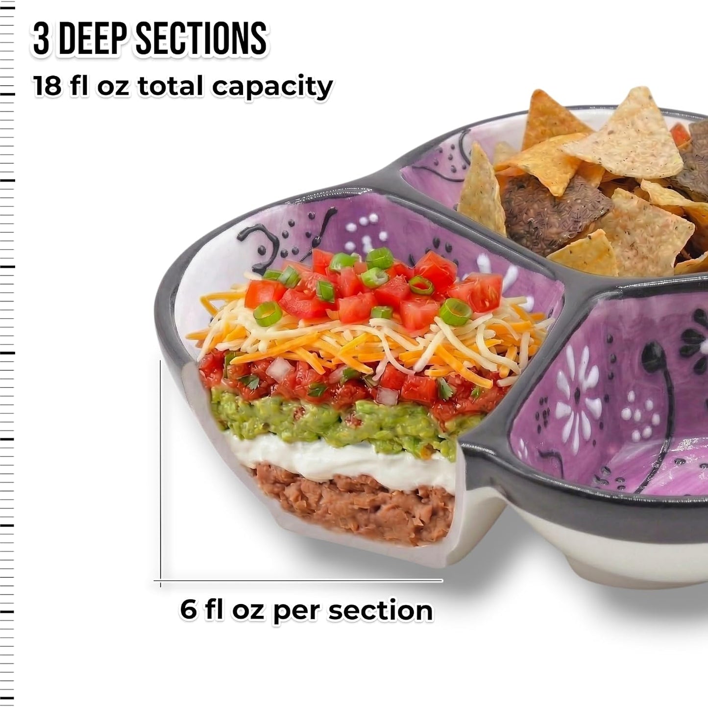 Ceramic Chip & Dip Bowl 7.5”, 3-Compartment Divided Serving Dish & Condiment Tray for Appetizers – Handmade in Spain, Lead-Free Glaze, Microwave, Oven & Dishwasher Safe