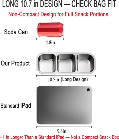 KTKUDY Stainless Steel Snack Container for Kids & Adults - Large - Leak-Proof 3-Compartment Stackable Snack Lunch Box for Daycare, School, Work & Travel