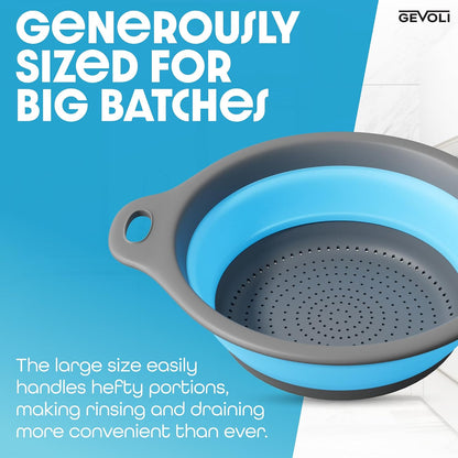 Gevoli Strainer with Self-Draining Base (5QT) Over-Sink Collapsible Kitchen Colander Set with Side-drain Base for Pasta Vegetables and Fruit, XL Large Capacity, Dishwasher Safe (5-Quart) Red/Gray