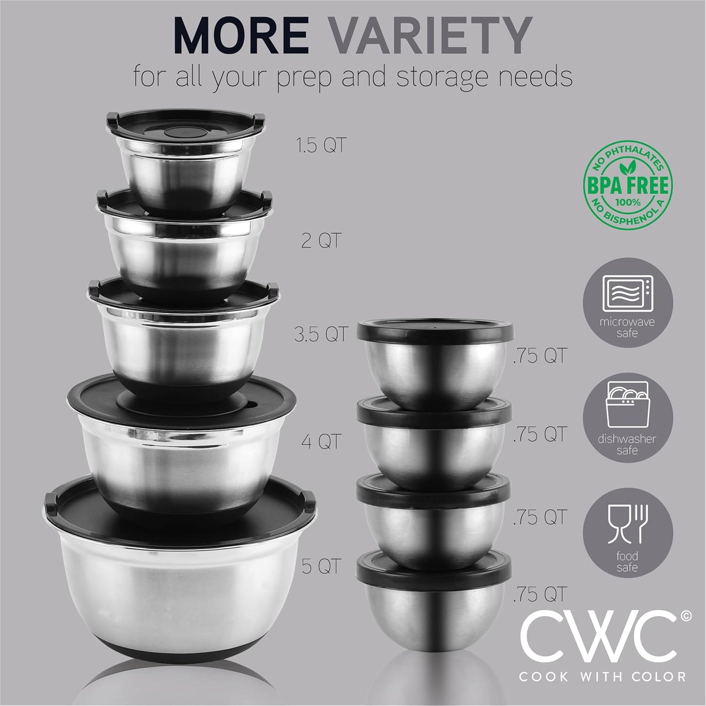 COOK WITH COLOR Stainless Steel Mixing Bowls Set with Lids - Nesting Bowls with Non-Slip Bottom, Sage, 12 Pieces