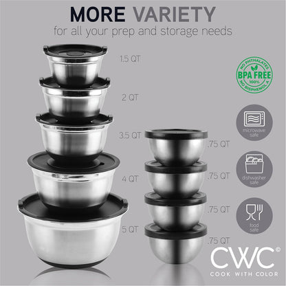 COOK WITH COLOR Stainless Steel Mixing Bowls Set with Lids - Nesting Bowls with Non-Slip Bottom, Sage, 12 Pieces