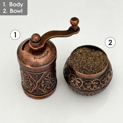 Handmade Decorative Black Pepper Grinder, Zamak Conical Burr, Refillable Turkish Spice Mill Manual Pepper Mill with Handle, Spice Grinder Metal with Hand Crank 11 cm-4.3 inch