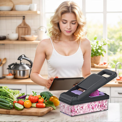 12-in-1 Vegetable Chopper 7 Blades, Veggie Cutter with Handle, Black/White