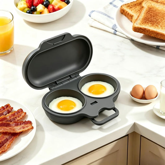 Dual Cavity Microwave Egg Poacher with Lid & Handle, 2-Egg Cooker (1, Black)