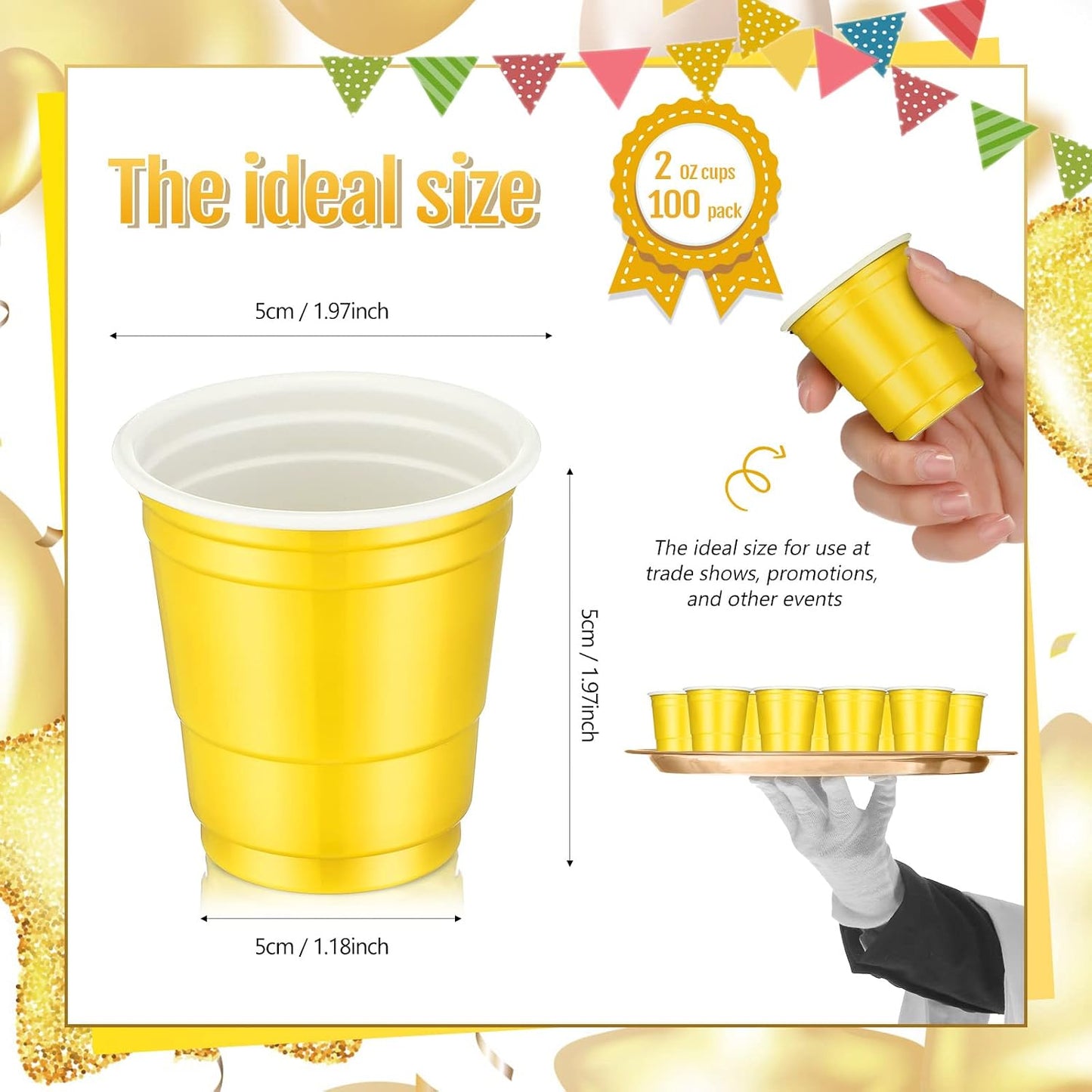 Roshtia 100 Pack 2 oz Plastic Shot Cups, Mini Disposable Shot Glasses 2 oz Wedding Party Cups for Bridal Shower Wedding Party, Beer Taste Serving, Snacks(Black, Gold)
