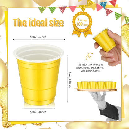 Roshtia 100 Pack 2 oz Plastic Shot Cups, Mini Disposable Shot Glasses 2 oz Wedding Party Cups for Bridal Shower Wedding Party, Beer Taste Serving, Snacks(Black, Gold)