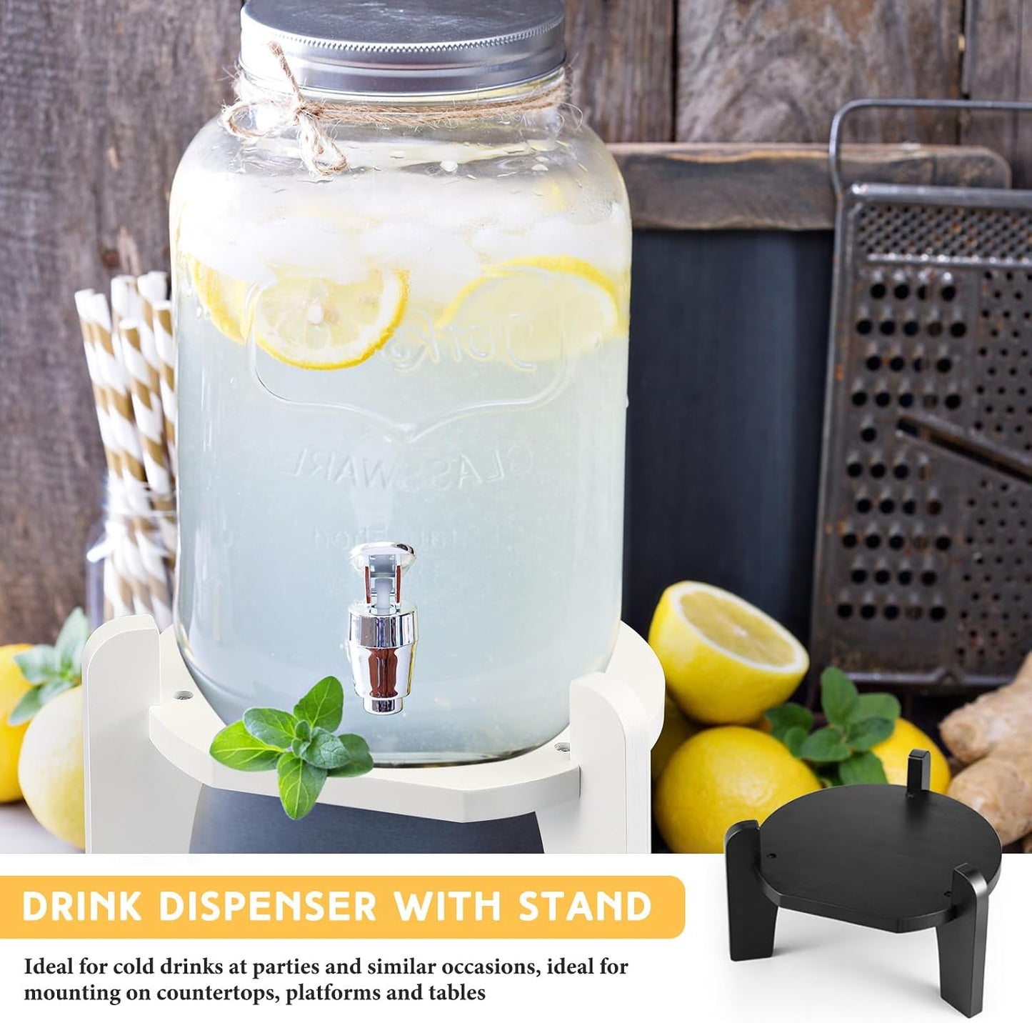 Roshtia 1 Pcs Beverage Dispenser Stand Bamboo Wood Drink Dispenser Stand Fits 6-8" Diameter of Glass Jar Base for Glass Beverage Water Jug Containers (Black)