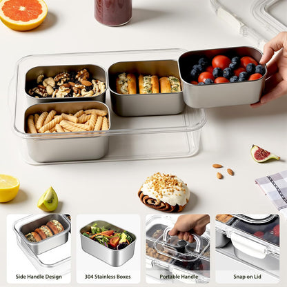 Snackle Box Container, Stainless Steel Divided Serving Tray with Lid and Handle, 8 Compartment Portable Snack Platters - Clear Storage Organizer for Fruit Candy Nuts Veggie - Perfect for Travel Party