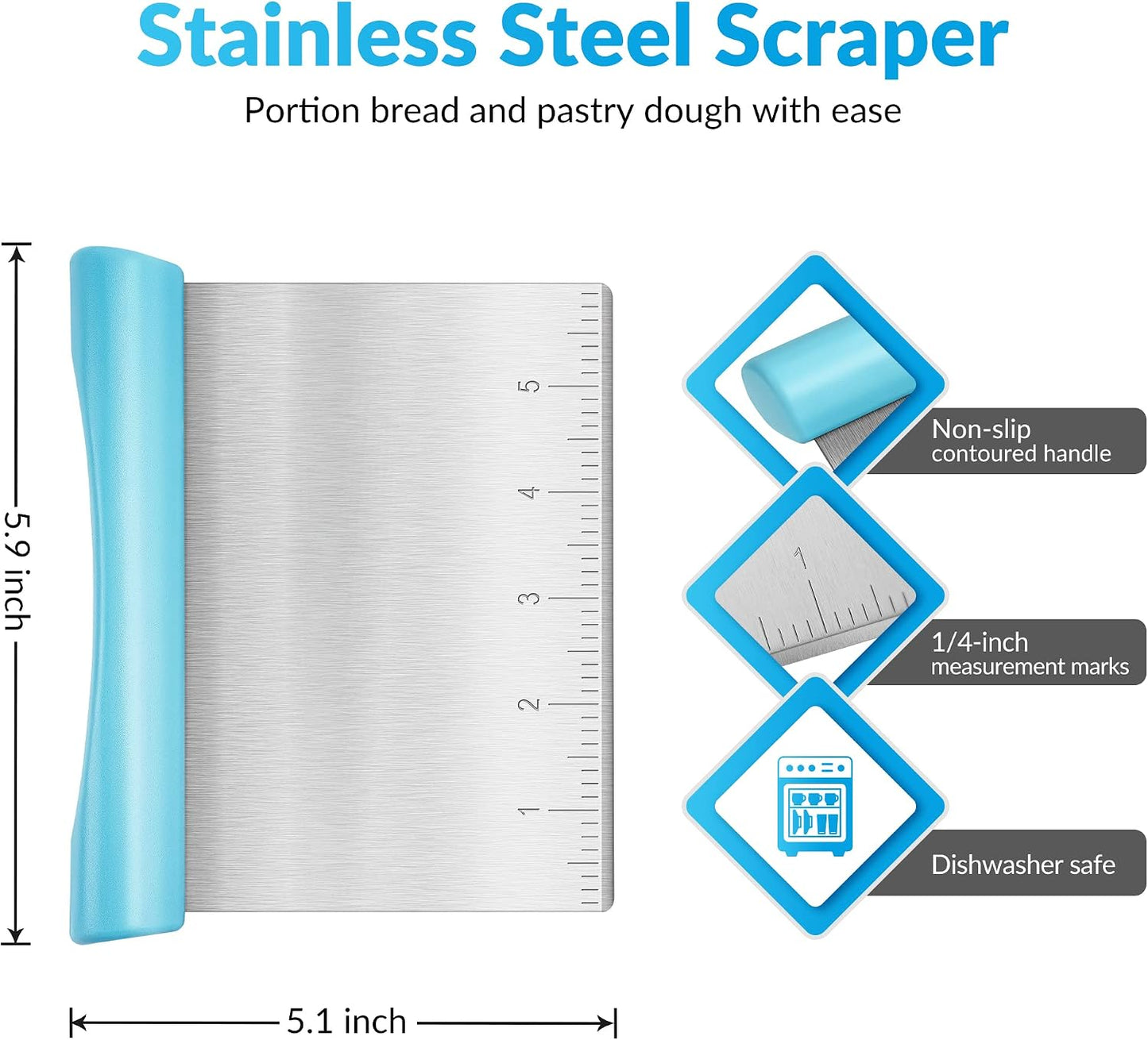 Rainspire Bench Scraper, Stainless Steel Dough Scraper, Pastry Scraper, Pizza and Dough Cutter Multi-Purpose Scraper/Chopper, Pizza Cutter Food Chopper Baking Supplies Kitchen Gadgets, Black