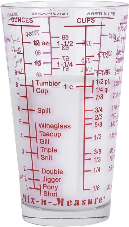 Kolder Mix N Measure Glass, Multi-Purpose Liquid and Dry Measuring Cup, 6 Units of Measurement, Heavy Glass, Red