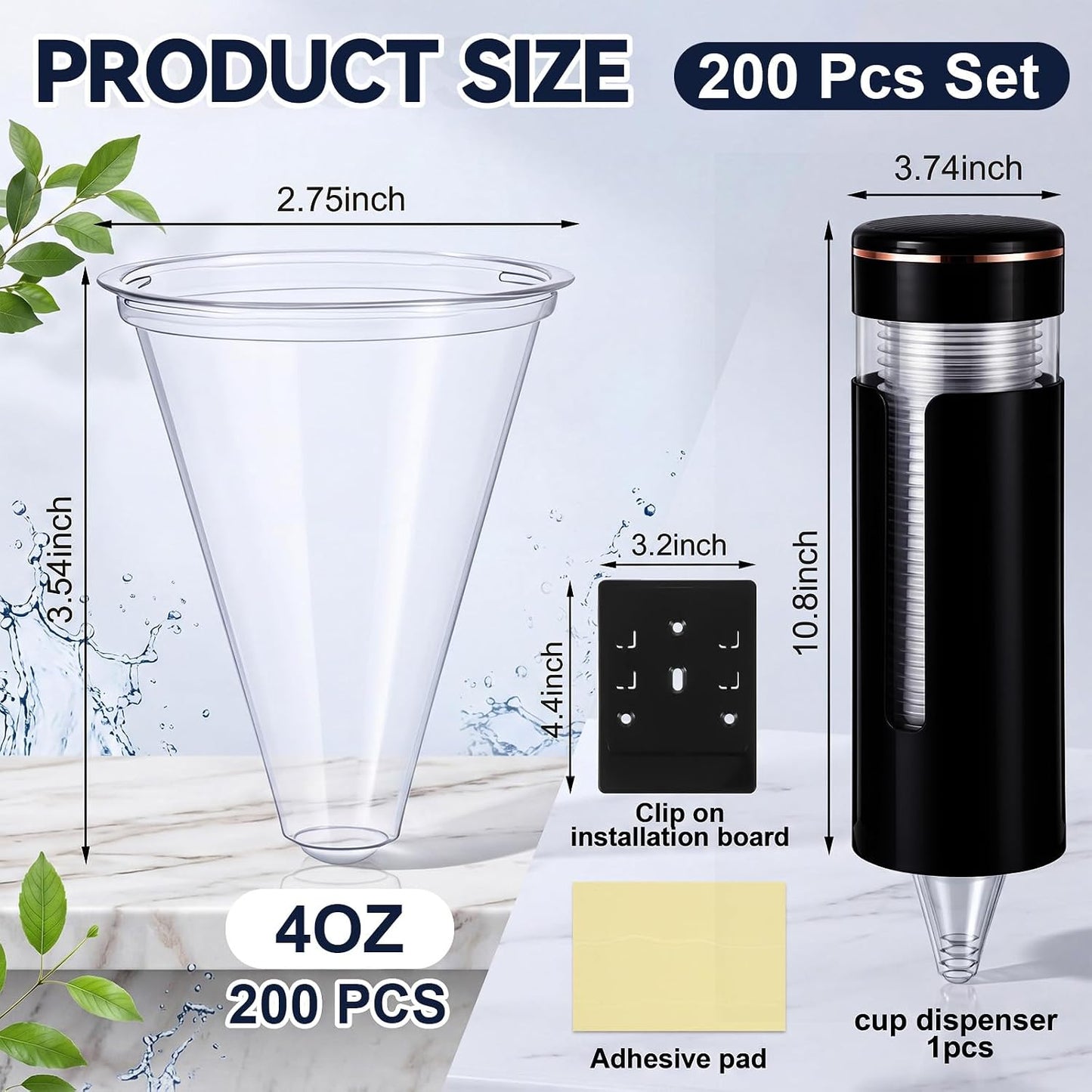 Roshtia 200 Pcs 4 oz Plastic Cone Cups with Pull Type Wall Mounted Dispenser, Thicken Disposable Water Cooler Cups Commercial Water Cup Dispenser for Office, Dental Clinic, Bathroom, Gym, School